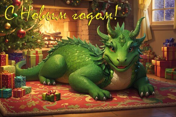 Дракон на коврике 1. Новогодняя открытка. Рисует нейросеть. Leonardo AI