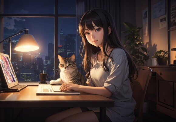 Уютный вечер. Девушки в стиле аниме. Повседневность. Рисует нейросеть. Leonardo AI