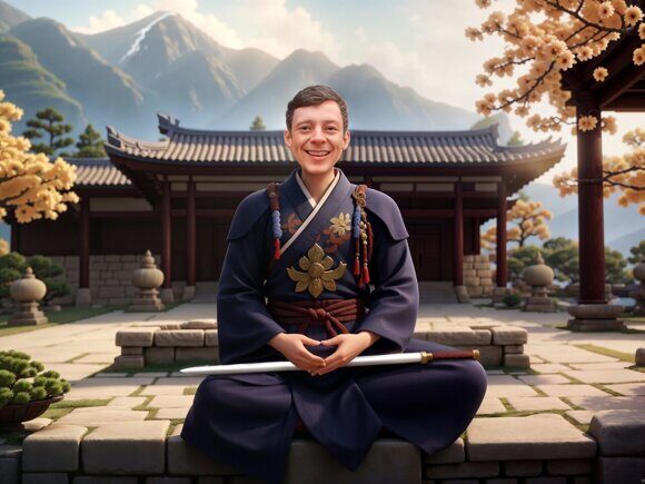 Воин в восточном монастыре. Картина по фотографии. Стиль 3D-анимации. Рисует нейросеть. Leonardo AI